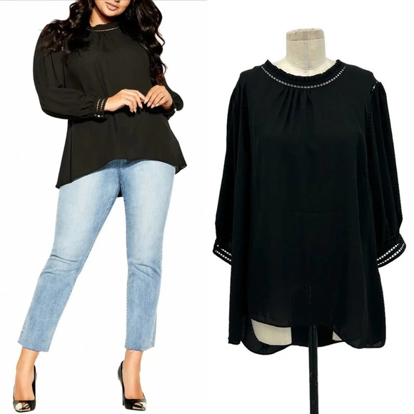 City Chic Kiss Me Quick Shirt Blouse in Black Plus Size 20 - Picture 1 of 10